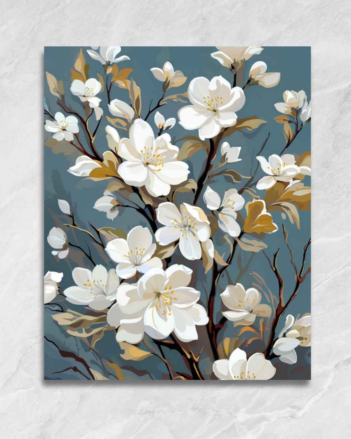 Magnolias sur fond bleu, tableau à peindre par numéros