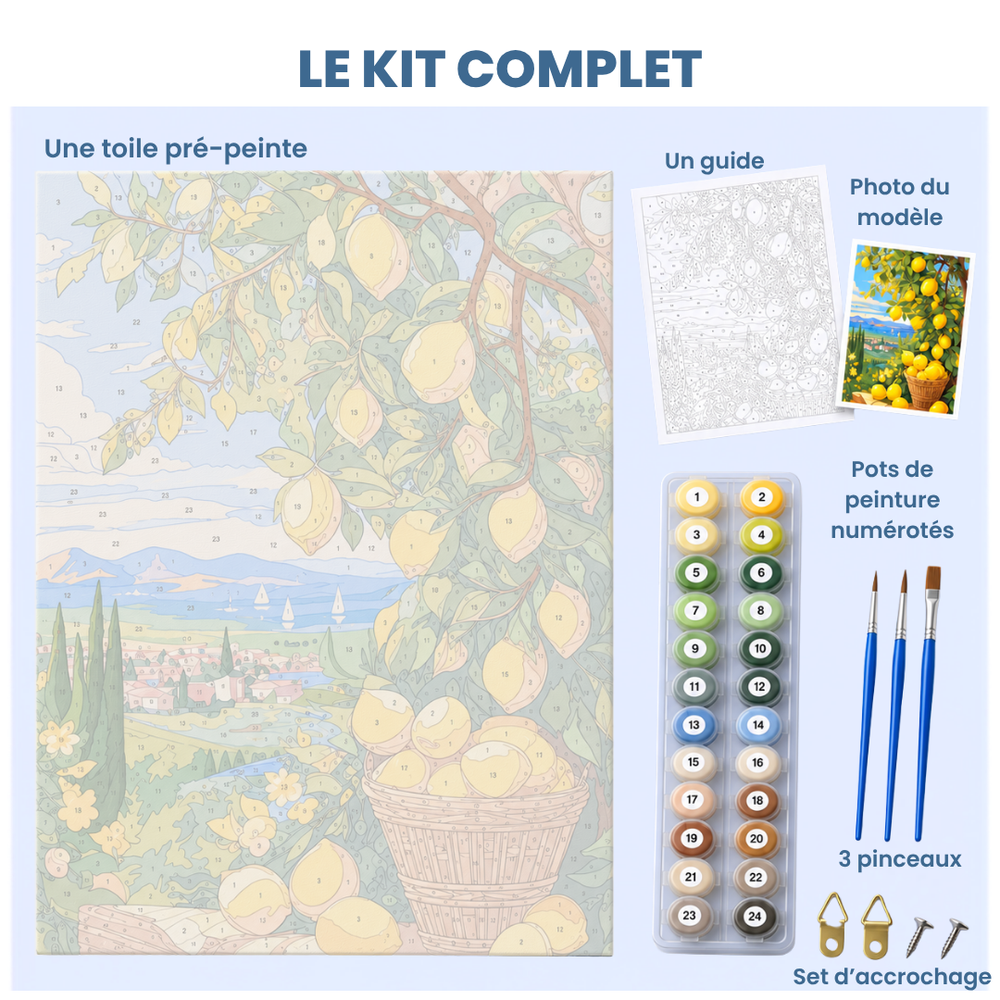 La toile numérotée, les peintures et les accessoires du kit Sinestesia