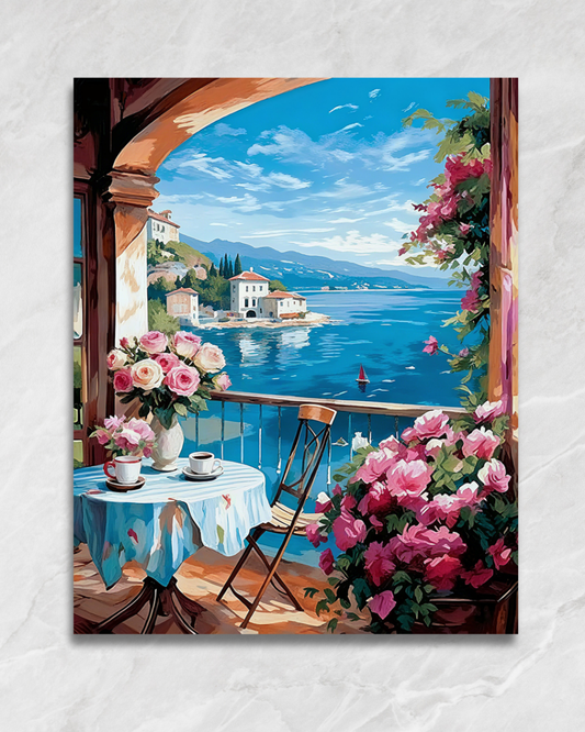 Petit déjeuner face à la mer, tableau à peindre par numéros