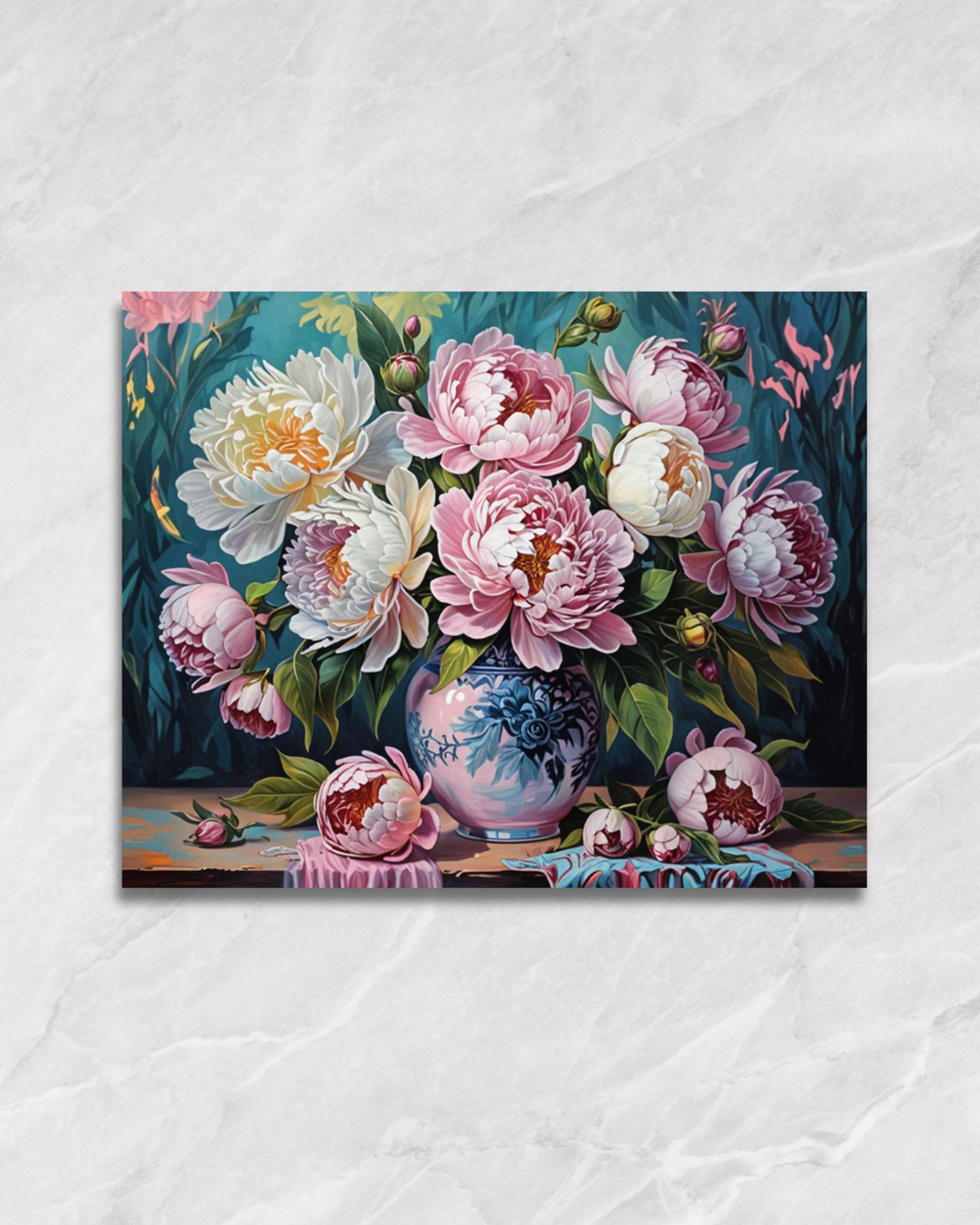 Pivoines dans un vase bleu, tableau à peindre par numéros
