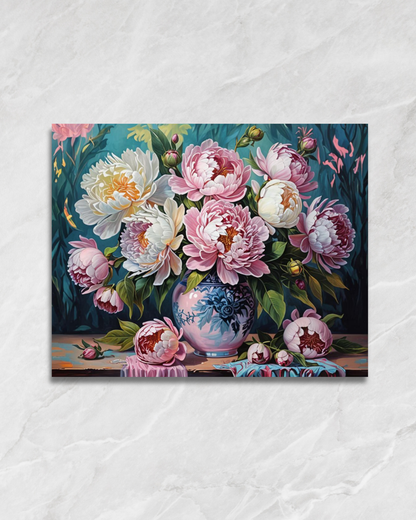 Pivoines dans un vase bleu, tableau à peindre par numéros