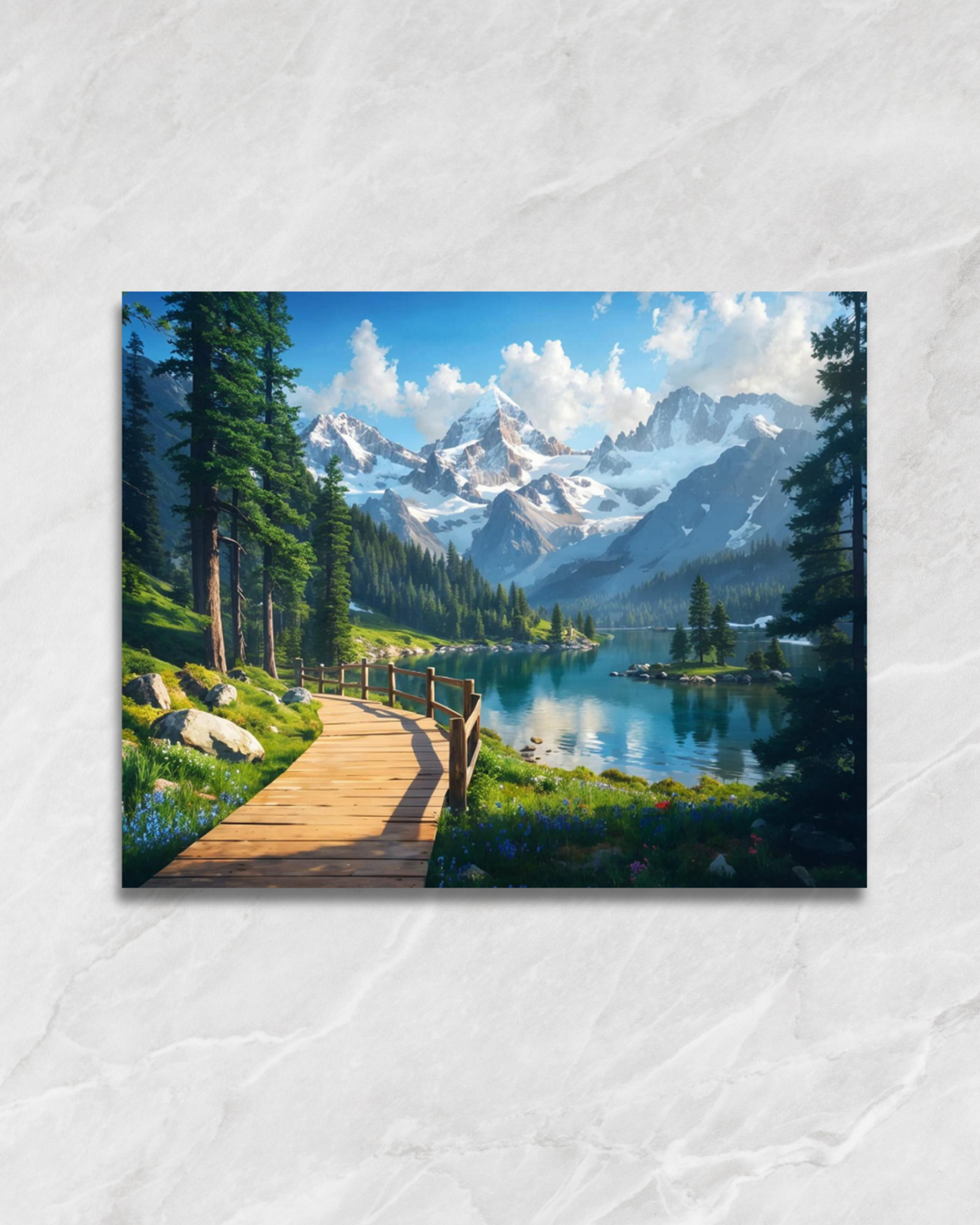 La passerelle du lac alpin, tableau à peindre par numéros