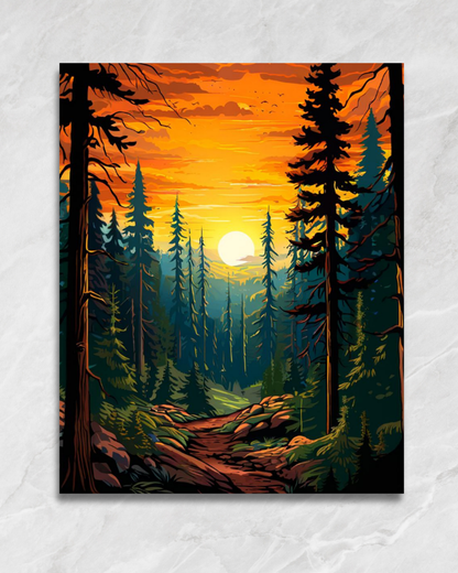 Crépuscule entre les sapins, tableau à peindre par numéros