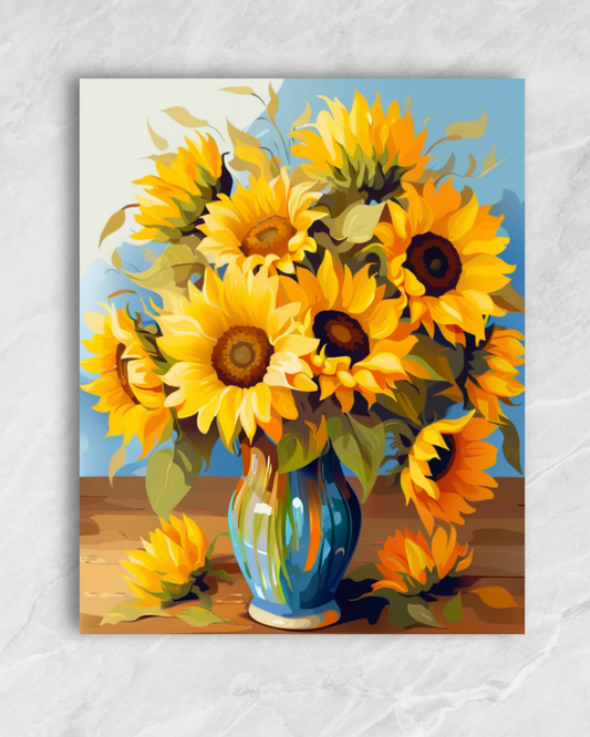 Tournesols dans un vase bleu, tableau à peindre par numéros