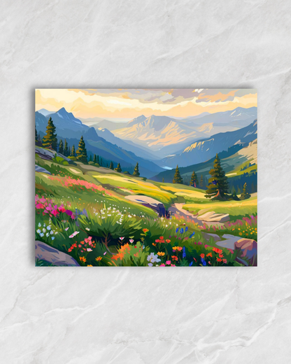 Prairie au pied des montagnes, tableau à peindre par numéros