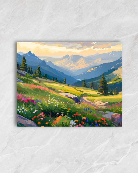 Prairie au pied des montagnes, tableau à peindre par numéros