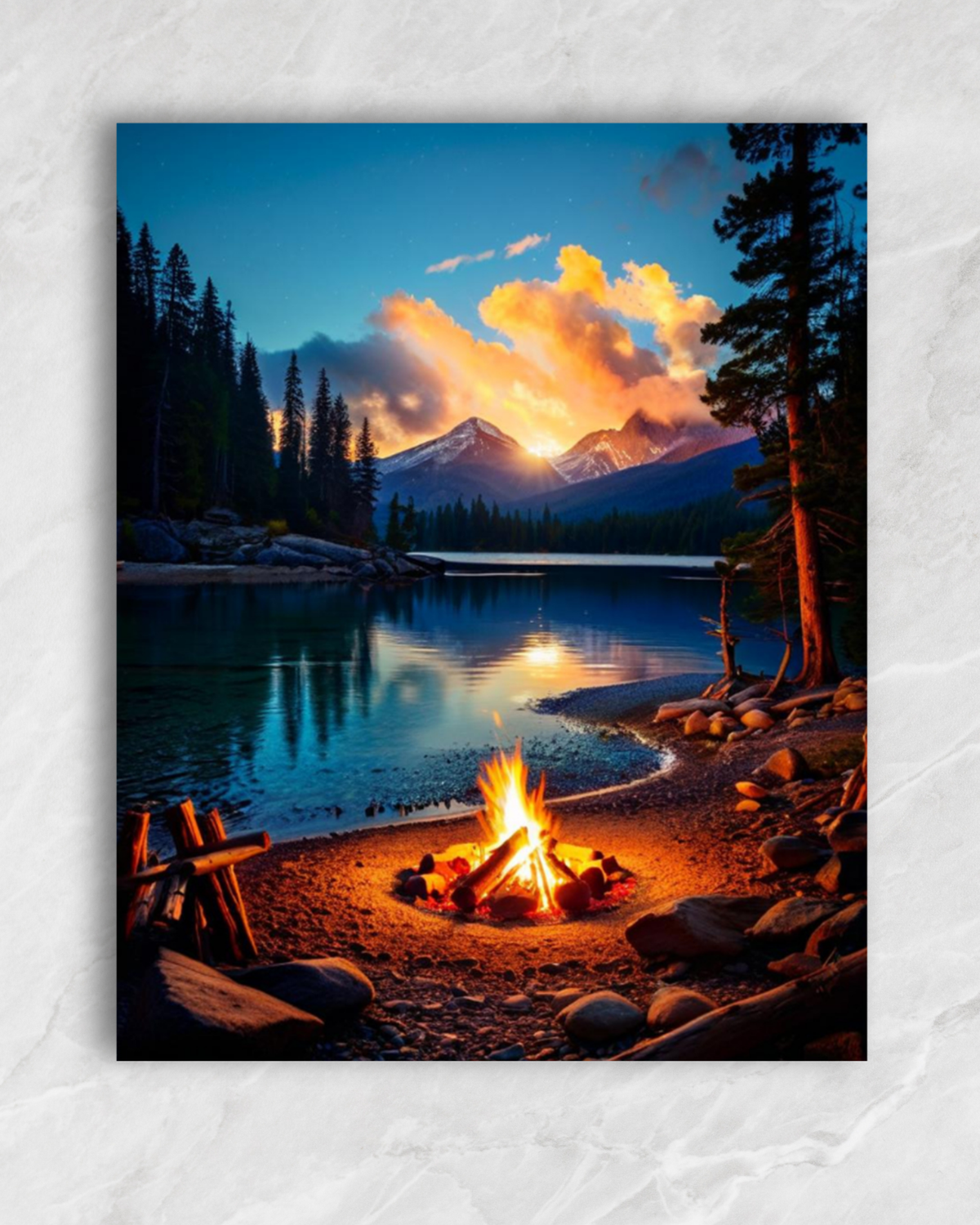 Feu de camp au bord du lac, tableau à peindre par numéros