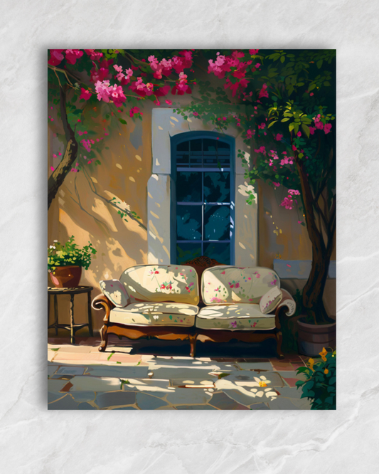 Le canapé sous les bougainvilliers, tableau à peindre par numéros
