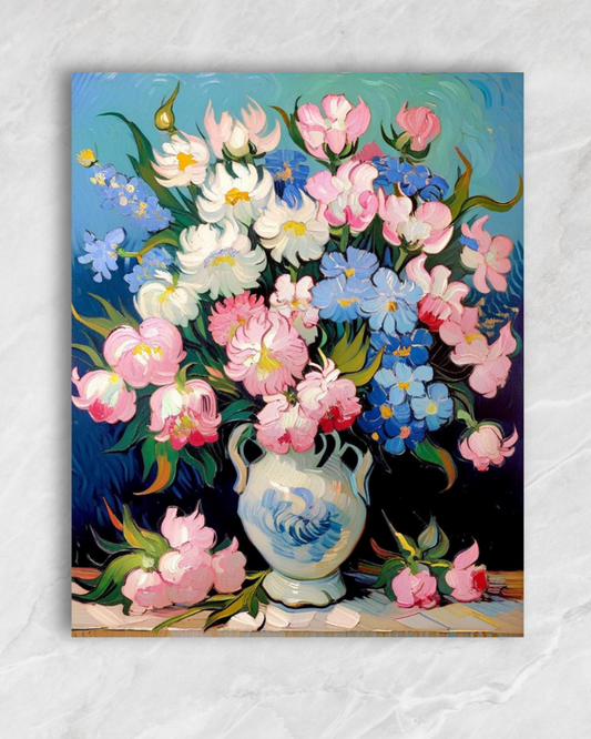 Bouquet pastel au pichet bleu, tableau à peindre par numéros