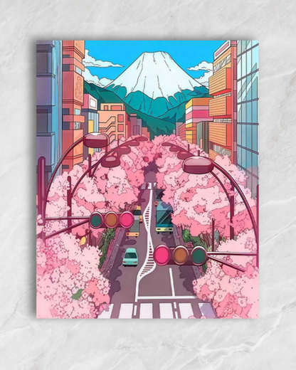 Cerisiers devant le mont Fuji, tableau à peindre par numéros