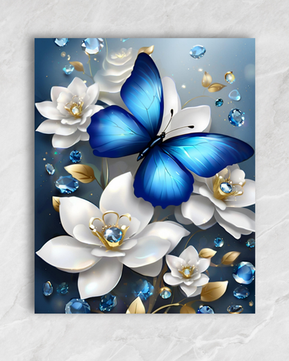 Papillon bleu et fleurs blanches, tableau à peindre par numéros