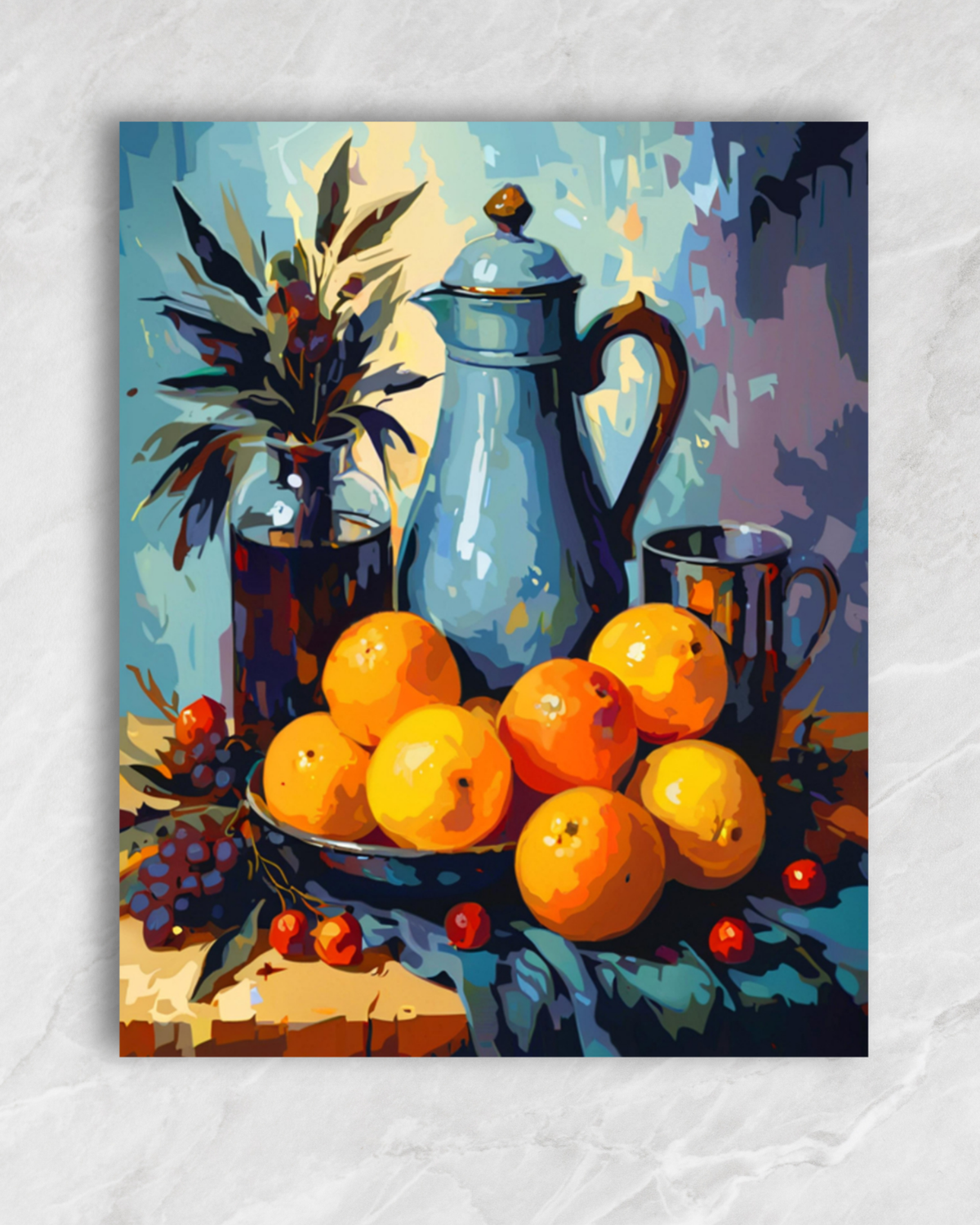 Oranges et pichet bleu, tableau à peindre par numéros