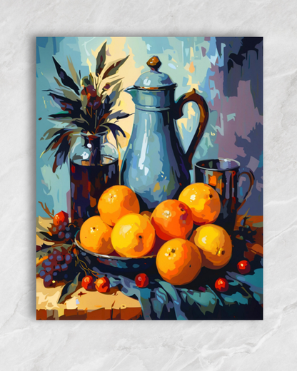 Oranges et pichet bleu, tableau à peindre par numéros