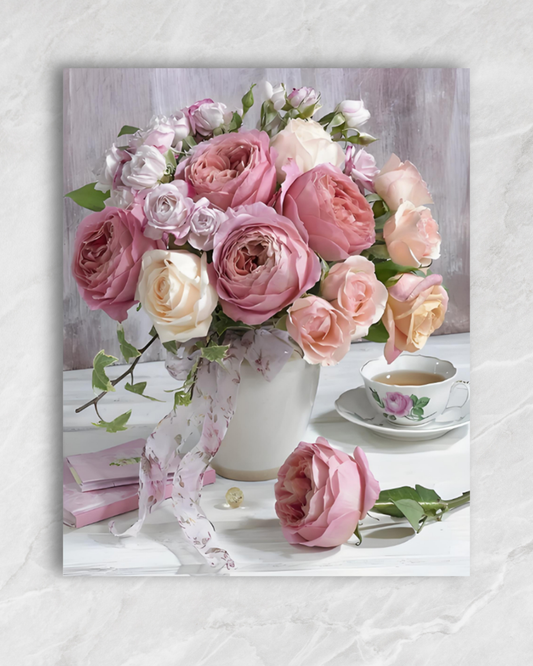 Roses et tasse de porcelaine, tableau à peindre par numéros