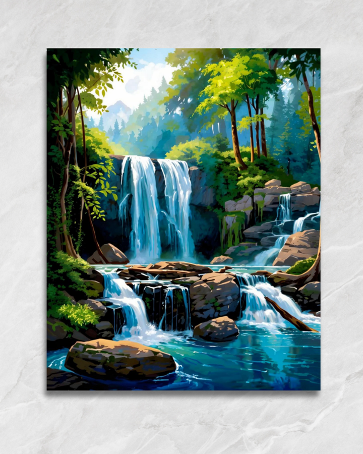 Cascade au cœur de la forêt, tableau à peindre par numéros