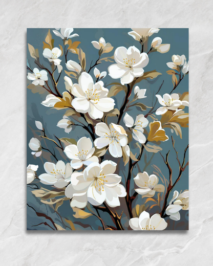 Magnolias sur fond bleu, tableau à peindre par numéros