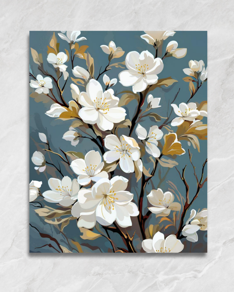 Magnolias sur fond bleu, tableau à peindre par numéros