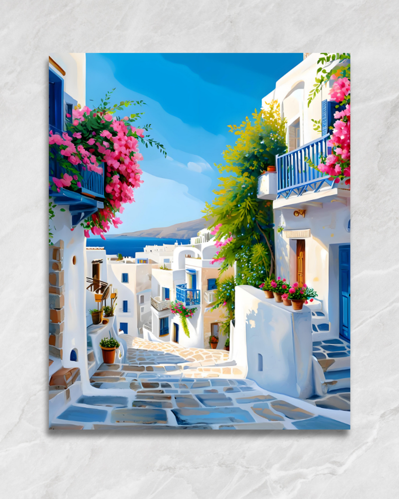 Ruelle fleurie des Cyclades, tableau à peindre par numéros