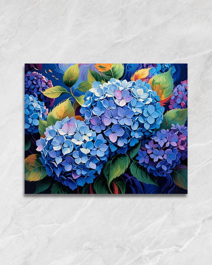 Hortensias bleus, tableau à peindre par numéros