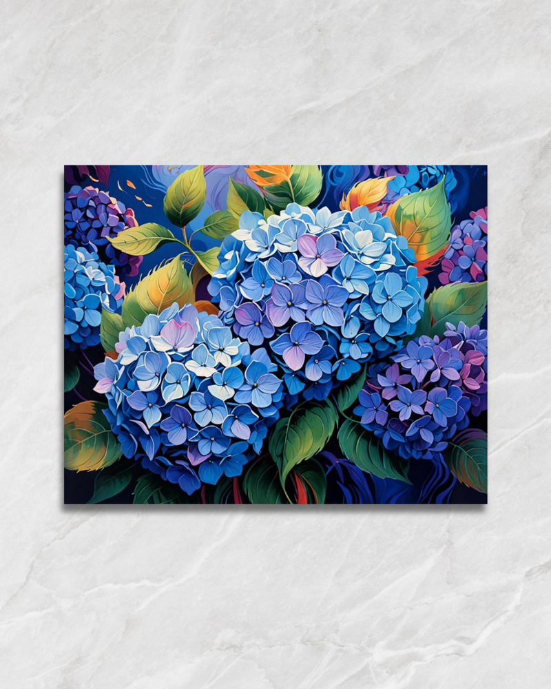 Hortensias bleus, tableau à peindre par numéros