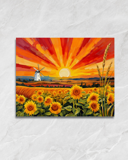 Moulin et tournesols au couchant, tableau à peindre par numéros
