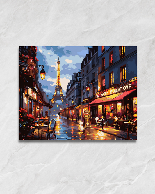 Café parisien sous la pluie, tableau à peindre par numéros