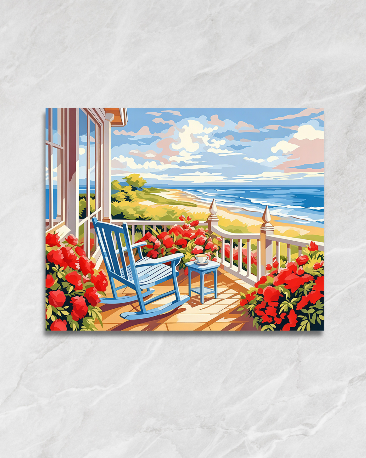 Balcon fleuri sur l’océan, tableau à peindre par numéros