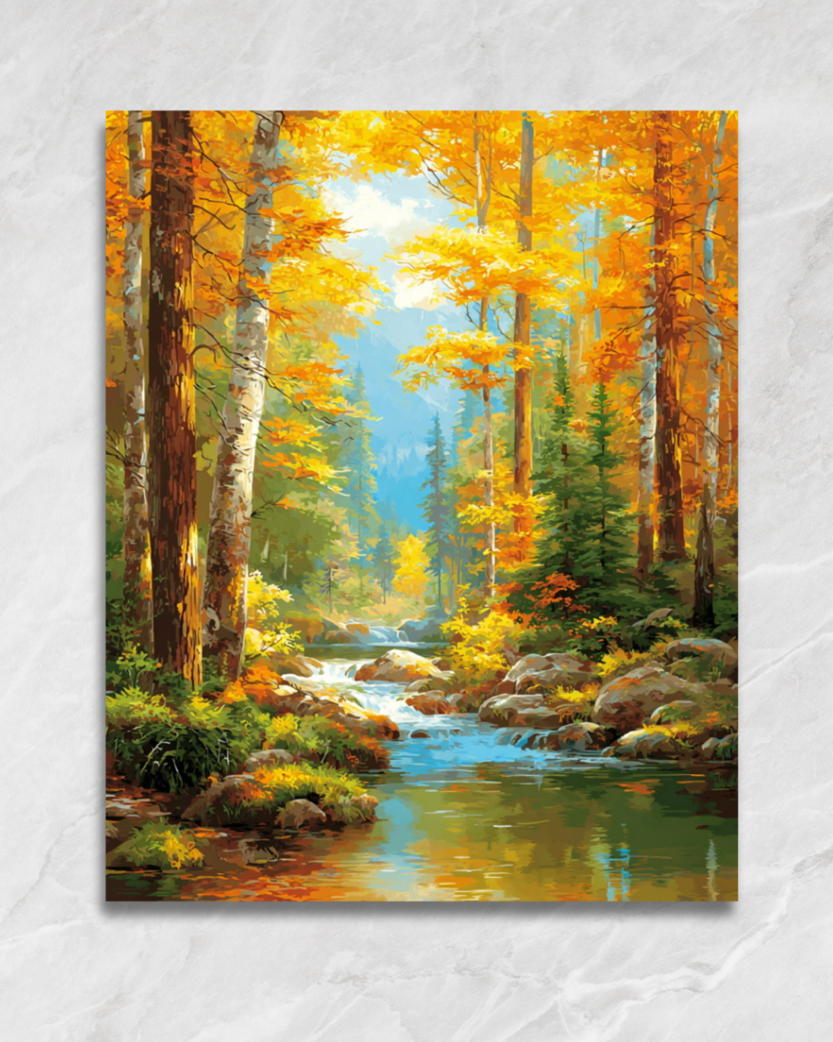 Rivière dans la forêt dorée, tableau à peindre par numéros