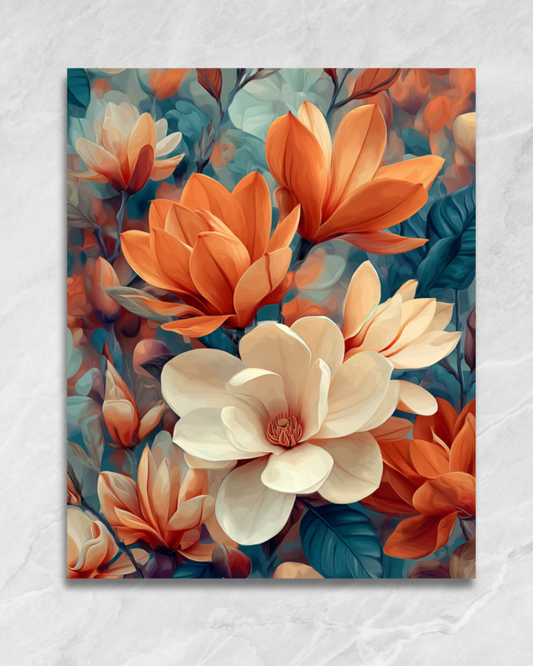 Magnolias aux tons cuivrés, tableau à peindre par numéros