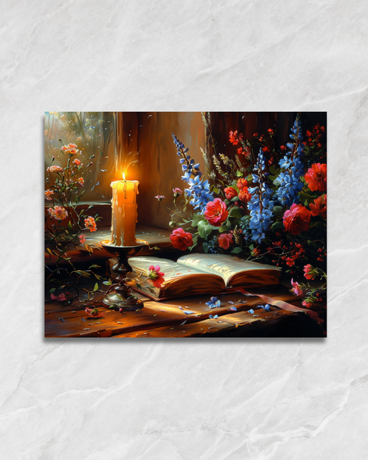 Fleurs et lecture à la bougie, tableau à peindre par numéros