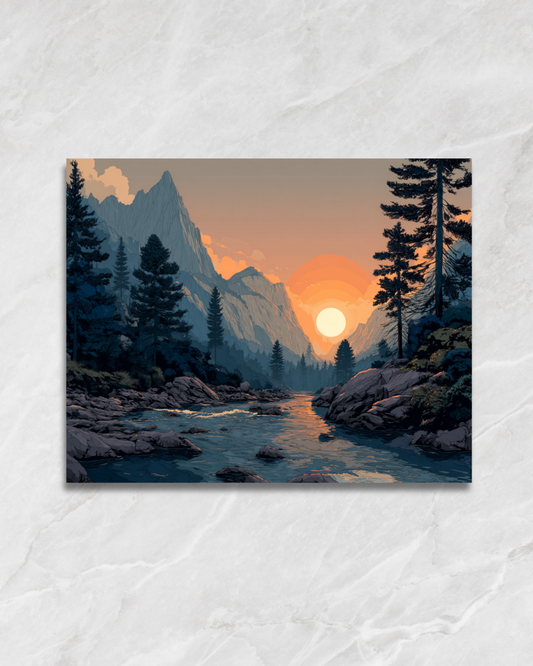 Soleil entre les montagnes, tableau à peindre par numéros
