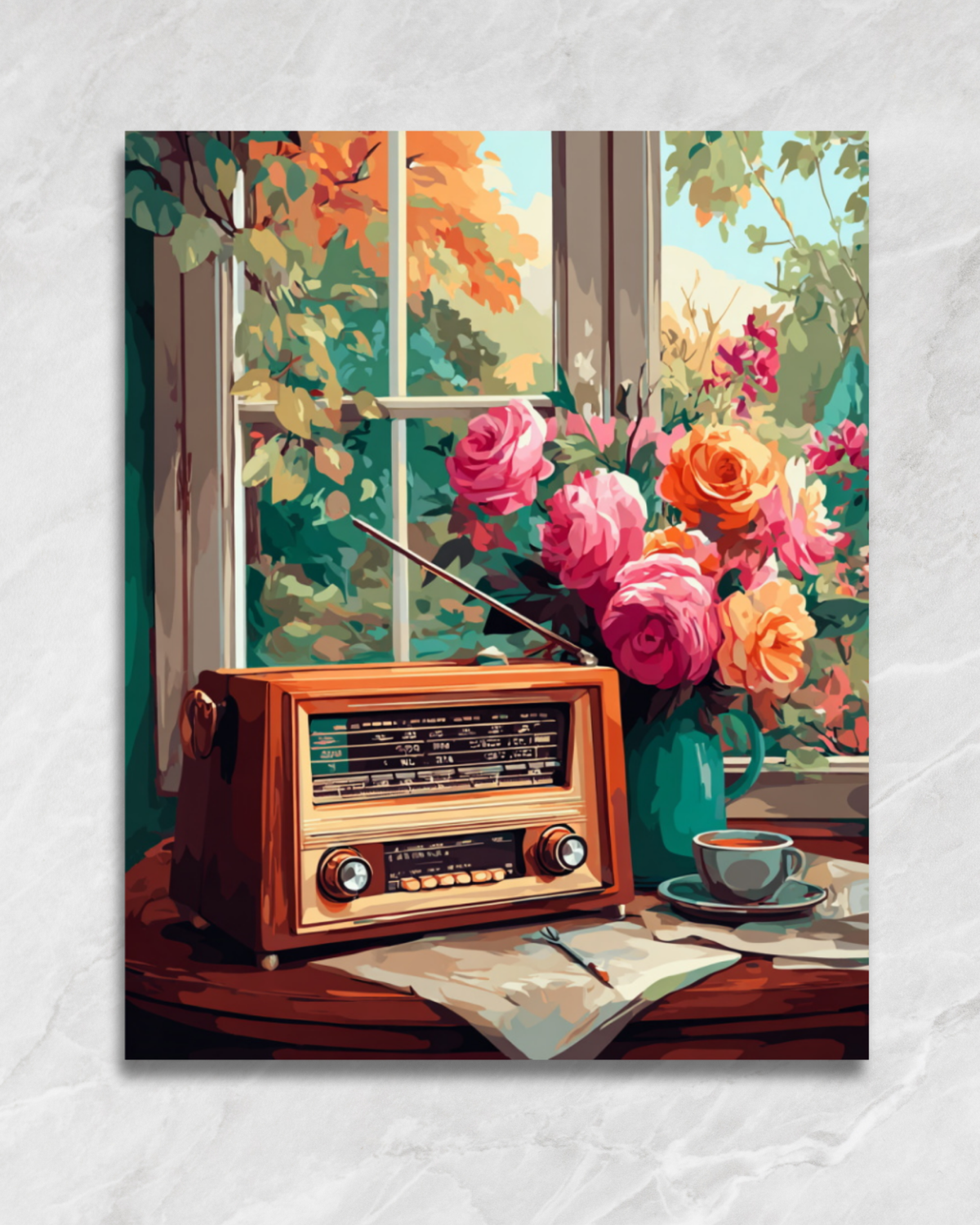 La radio près des roses, tableau à peindre par numéros