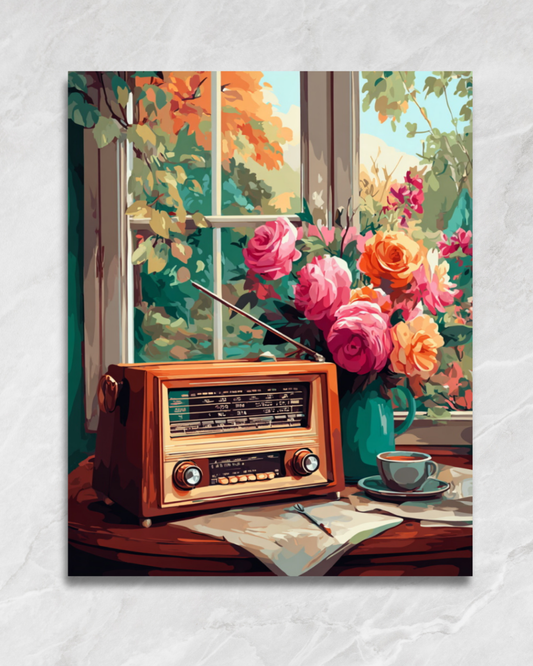 La radio près des roses, tableau à peindre par numéros