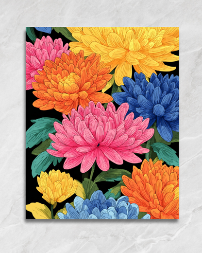 Chrysanthèmes en couleurs, tableau à peindre par numéros
