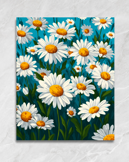 Marguerites sur fond turquoise, tableau à peindre par numéros