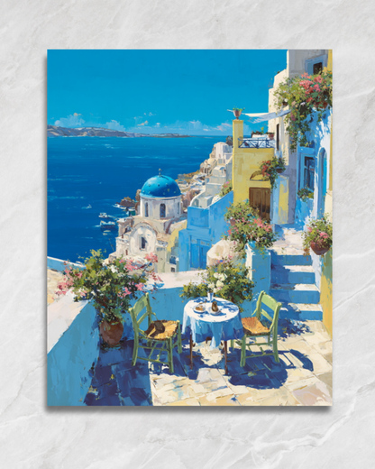 Terrasse à Santorin, tableau à peindre par numéros